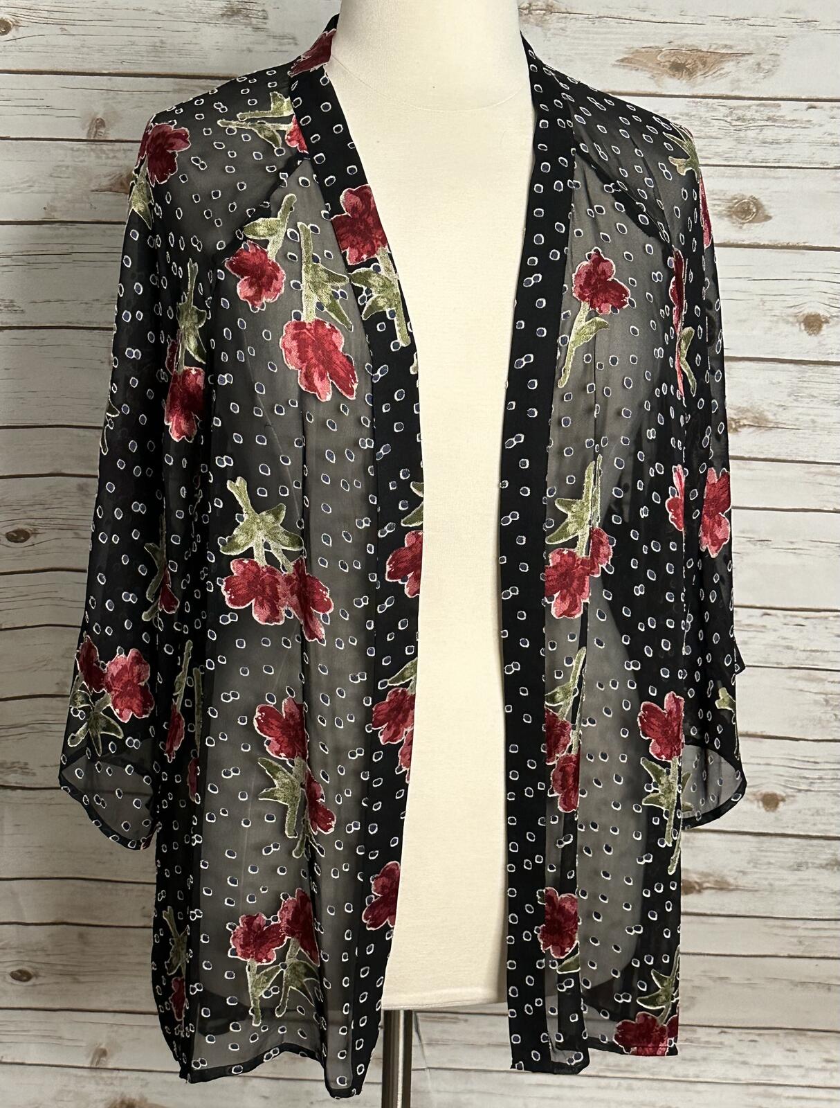 True Craft sheer floral open front kimono cardigan One Size black red whimsigoth