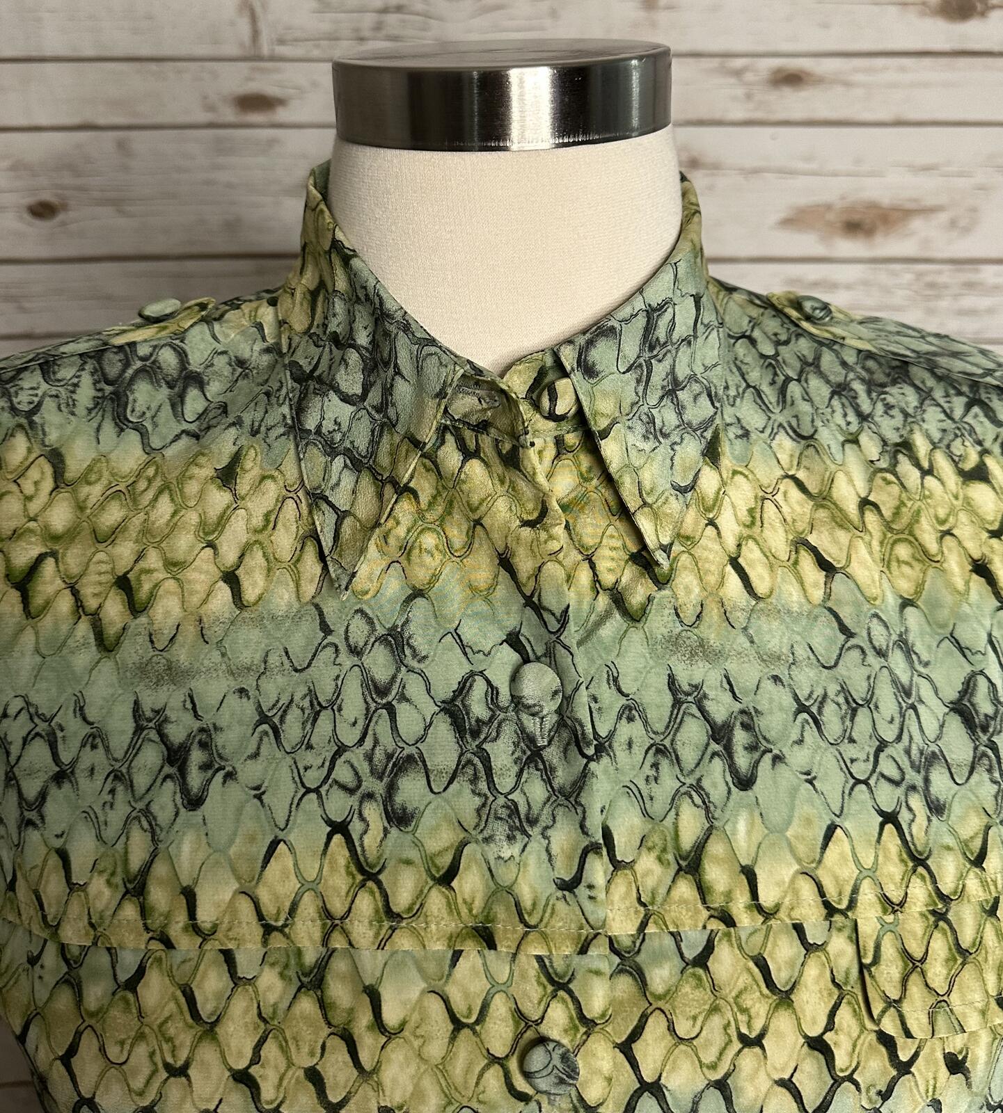 Vintage 100% silk reptile print midi dress Size 16 yellow green button up safari