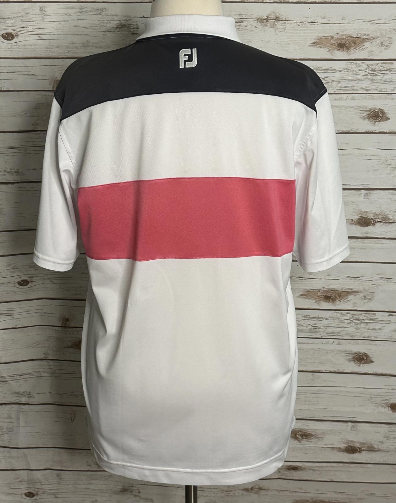 FootJoy (FJ) white/navy/pink striped performance golf polo shirt Size Large