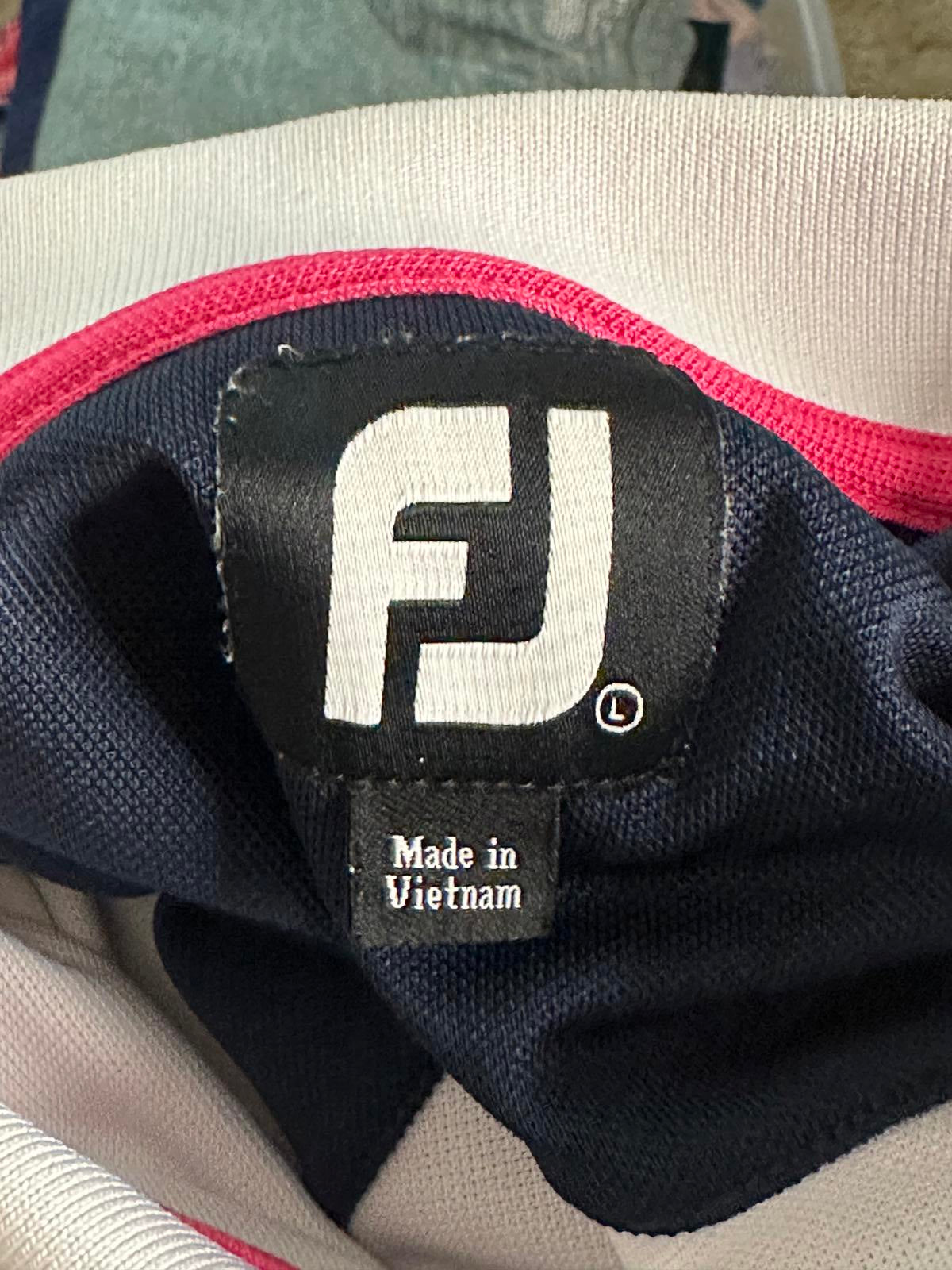 FootJoy (FJ) white/navy/pink striped performance golf polo shirt Size Large