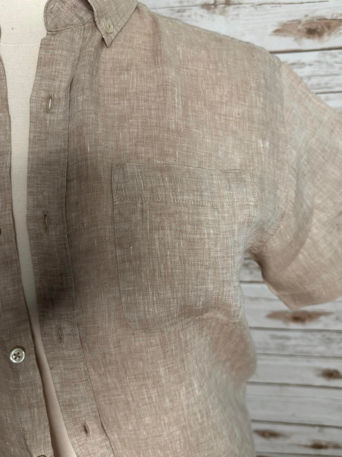 Porter & Ash beige 100% linen coastal short sleeve button-down shirt Medium