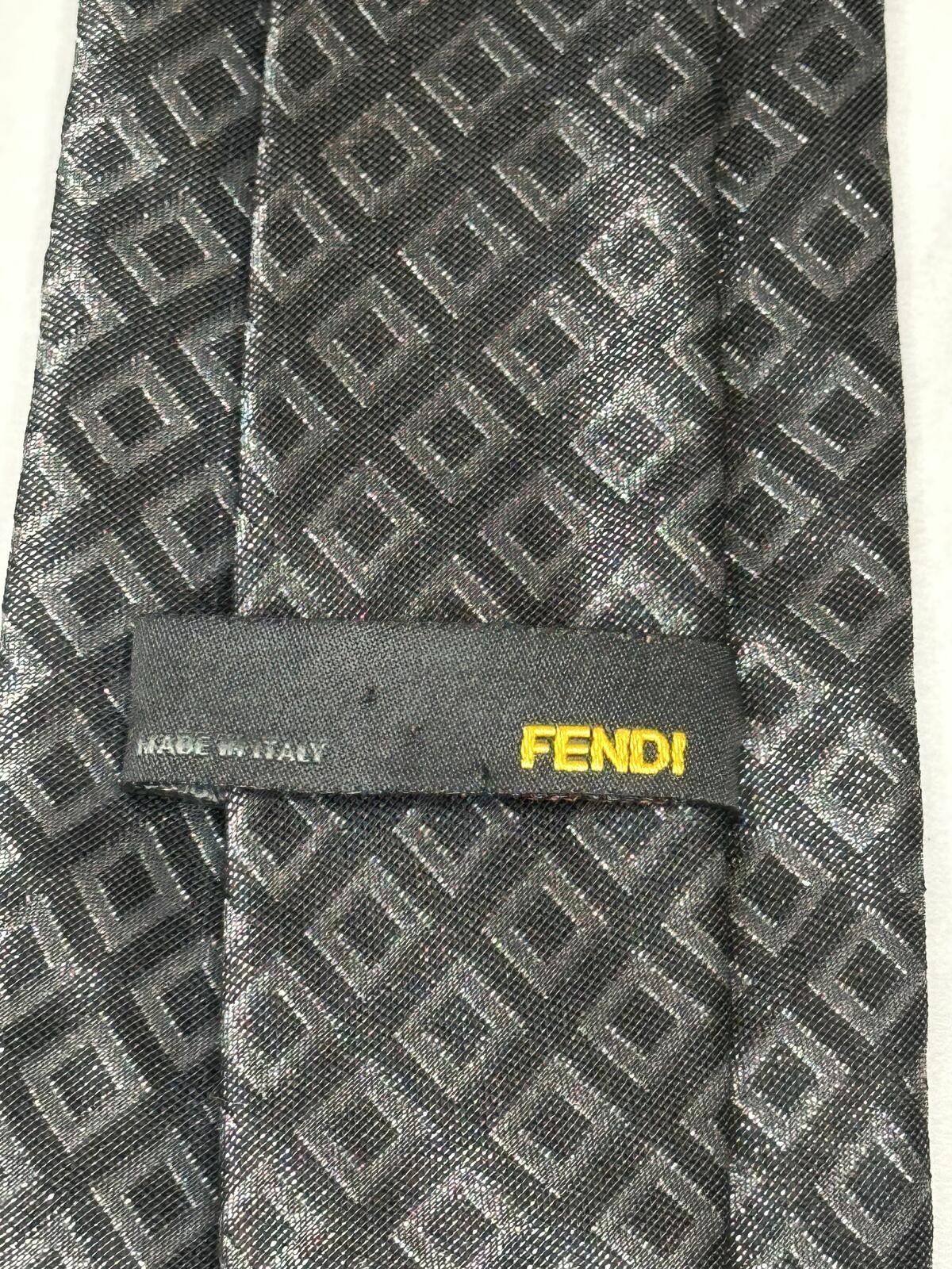 Vintage Fendi 100% silk tie charcoal/lt grey geometric classic designer luxury