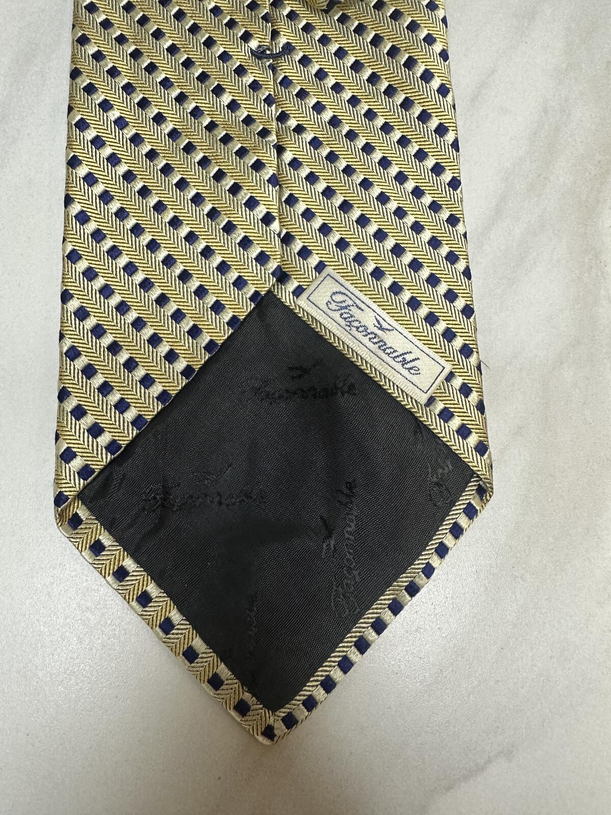 Faconnable 100% silk tie gold/navy/white micro geometric stripe classic