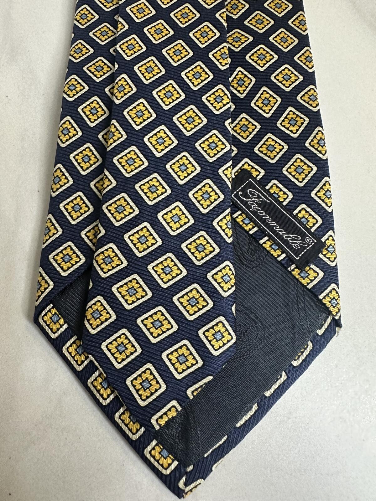 Faconnable 100% silk tie navy/gold micro geometric medallion classic preppy