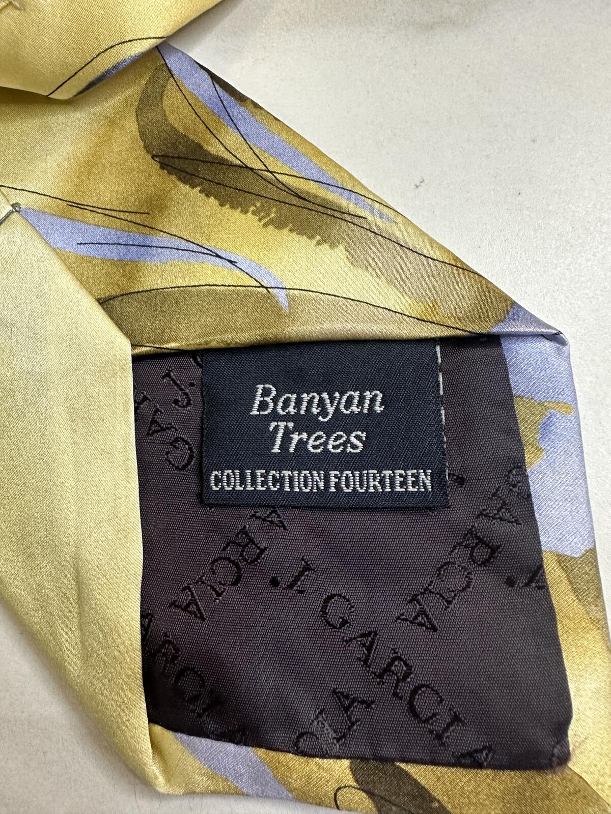 Vintage J. Garcia 100% silk tie gold/dark gold/silver/blue abstract wearable art