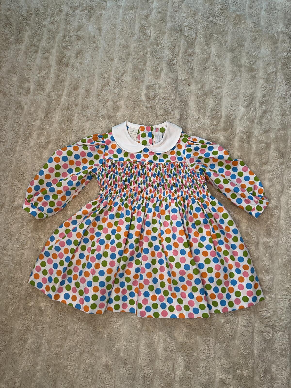 Beaufort Bonnet Company 'Dottie' polka-dot Peter Pan collar smocked dress 12M