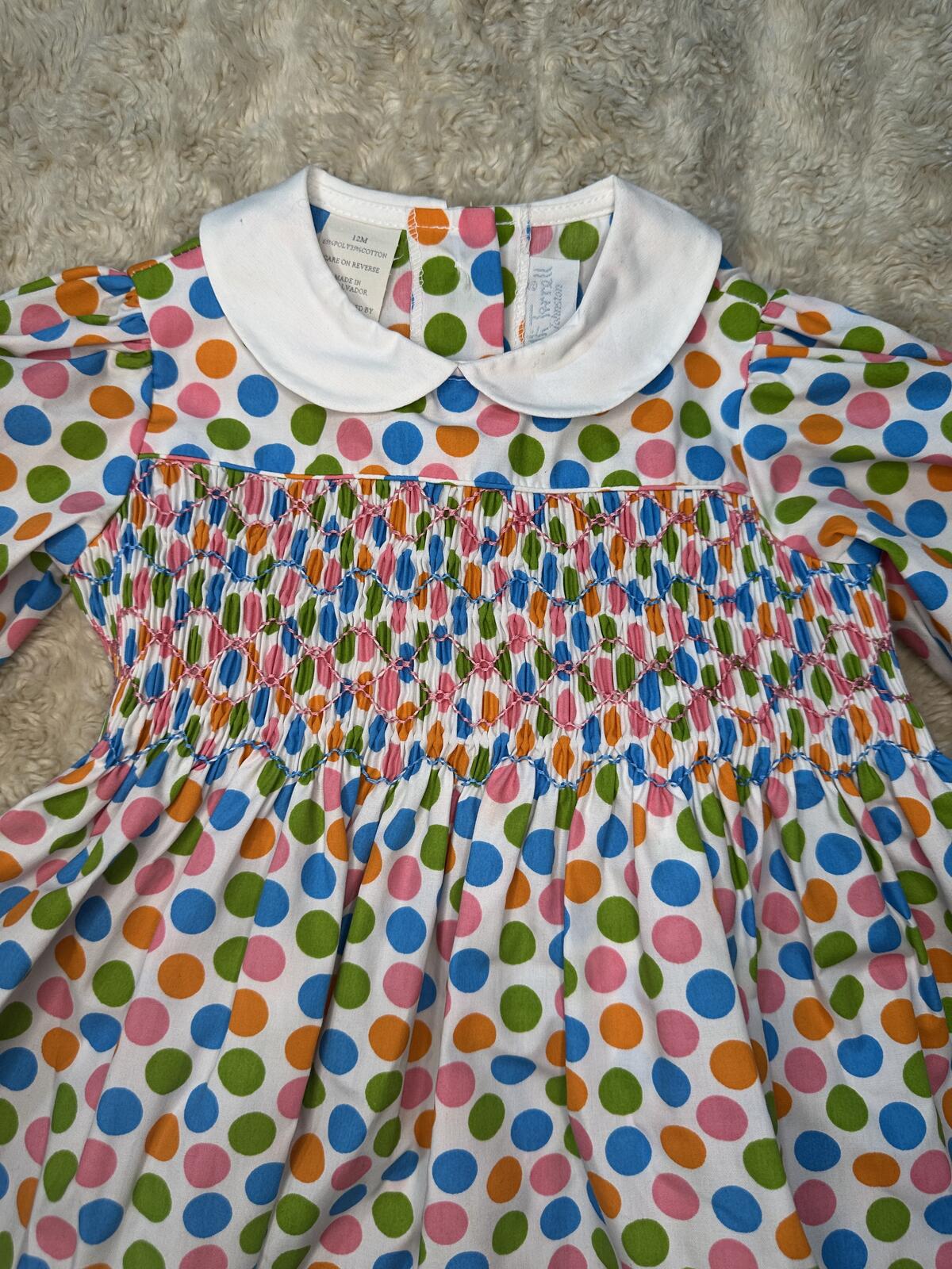 Beaufort Bonnet Company 'Dottie' polka-dot Peter Pan collar smocked dress 12M