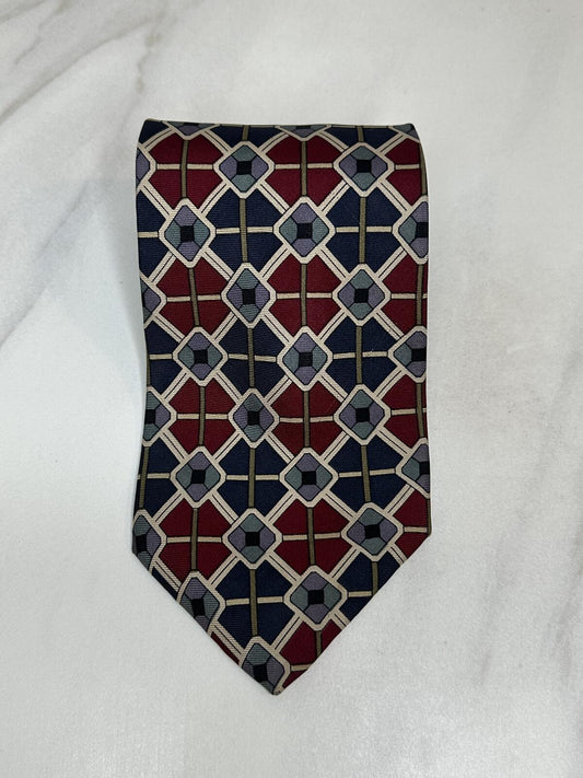 Vintage Barneys New York 100% silk tie burgundy/multicolored geometric art deco