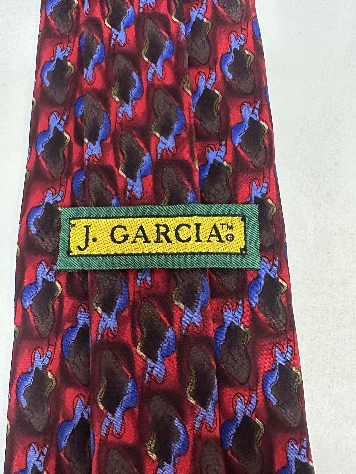 Vintage J. Garcia 100% silk tie red/blue/grey geometric abstract wearable art