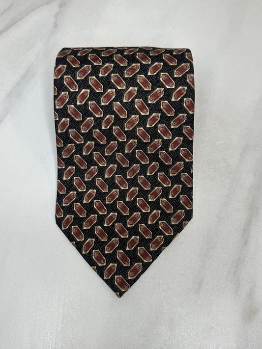 Vintage Burberrys London silk tie black/brown/gold geometric medallion classic