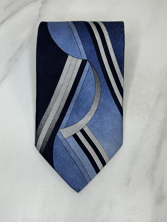 Vintage Pierre Balmain Paris silk tie blue/navy/silver abstract striped designer