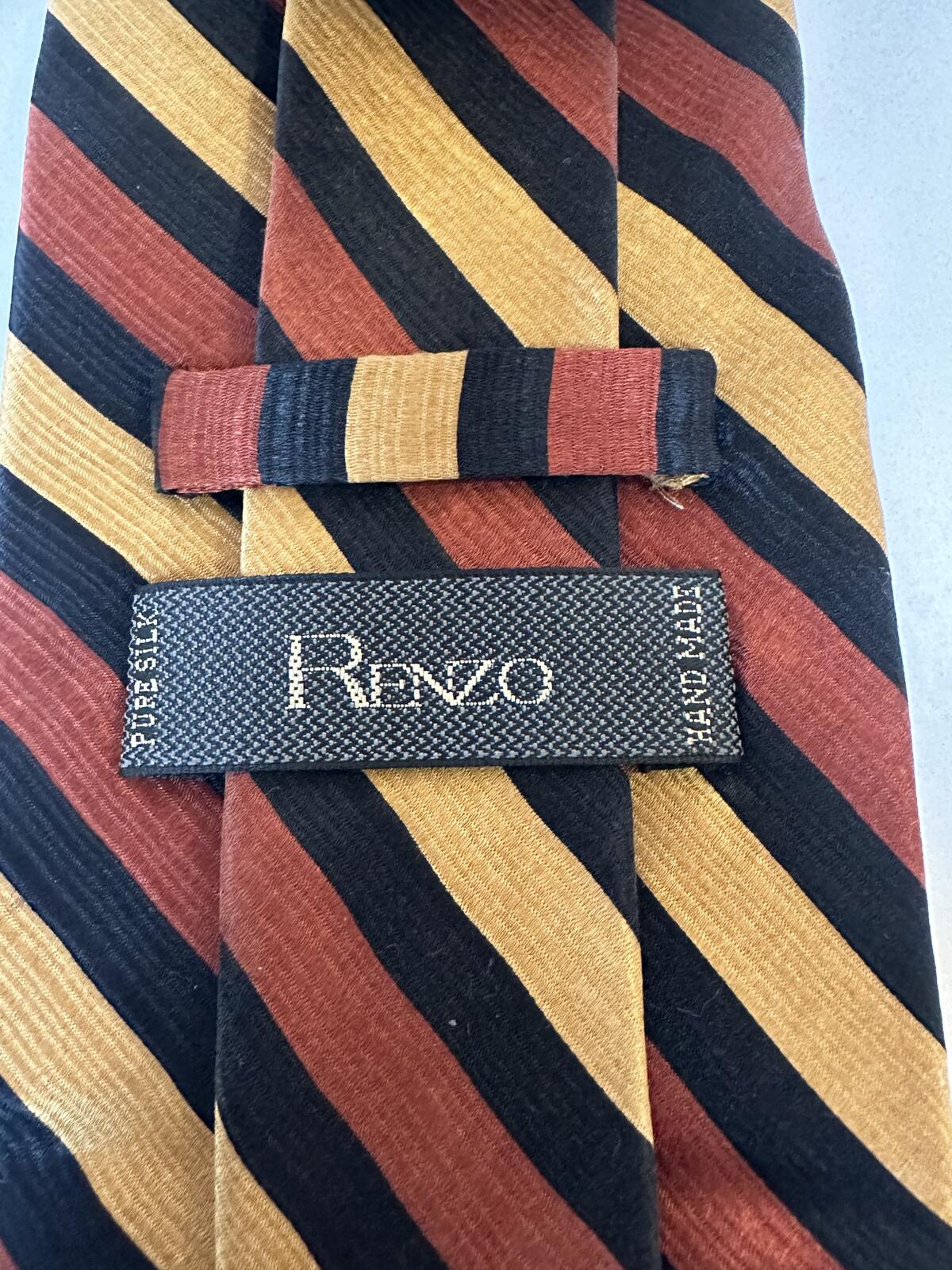 Renzo 100% silk tie gold/rust/black diagonal stripe