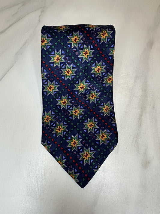 Vintage Christian Dior 100% silk tie blue star medallion geometric