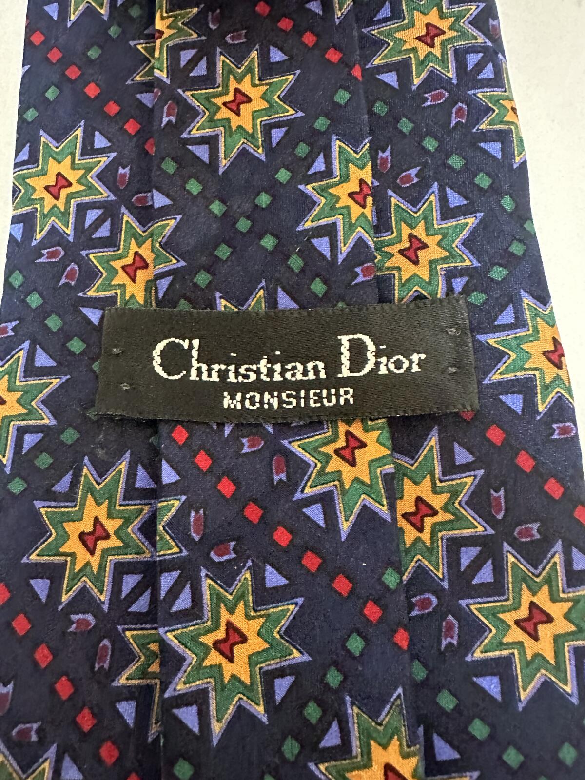 Vintage Christian Dior 100% silk tie blue star medallion geometric