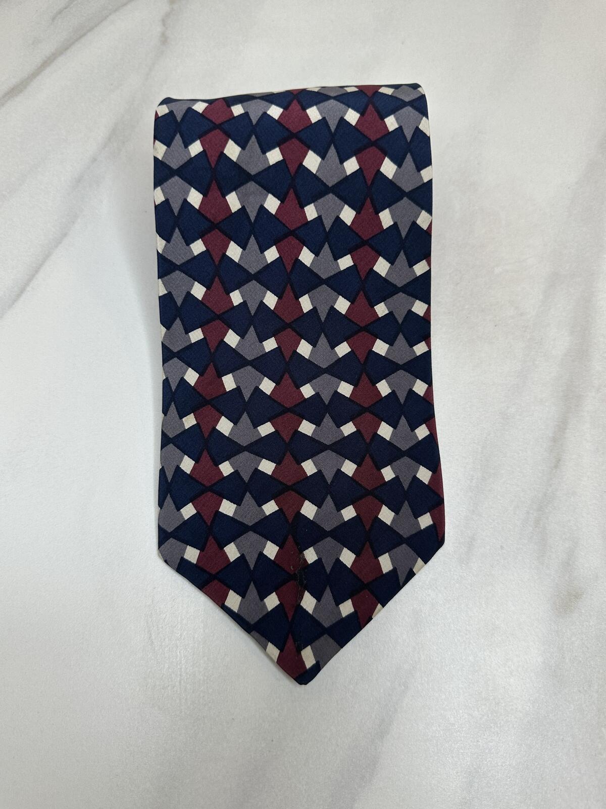 Vintage Ted Lapidus 100% silk tie navy/burgundy/grey/cream geometric made in USA