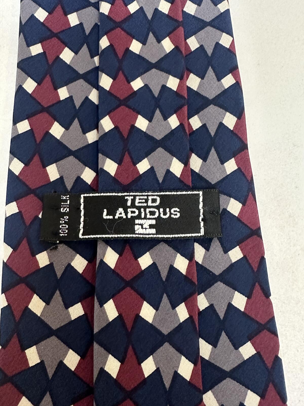 Vintage Ted Lapidus 100% silk tie navy/burgundy/grey/cream geometric made in USA