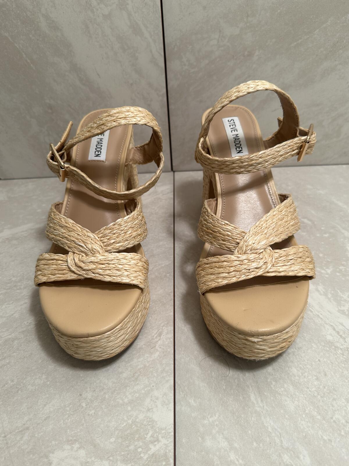 Steve Madden 'Carisma' raffia platform open toe block heel sandals Size 9.5