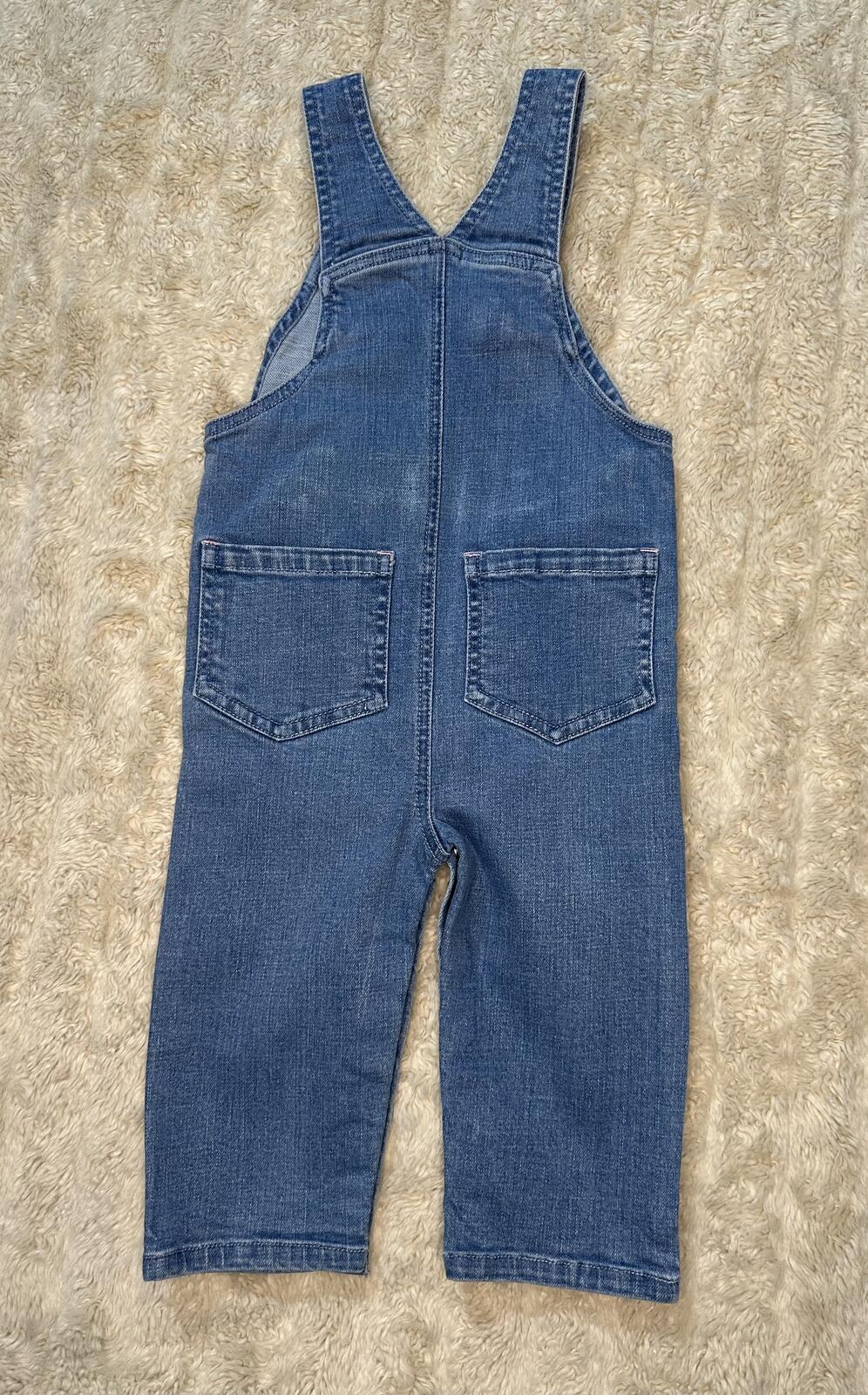 Hatley Baby Girls' denim bib overalls Size 12-18M medium wash rainbow belt trim