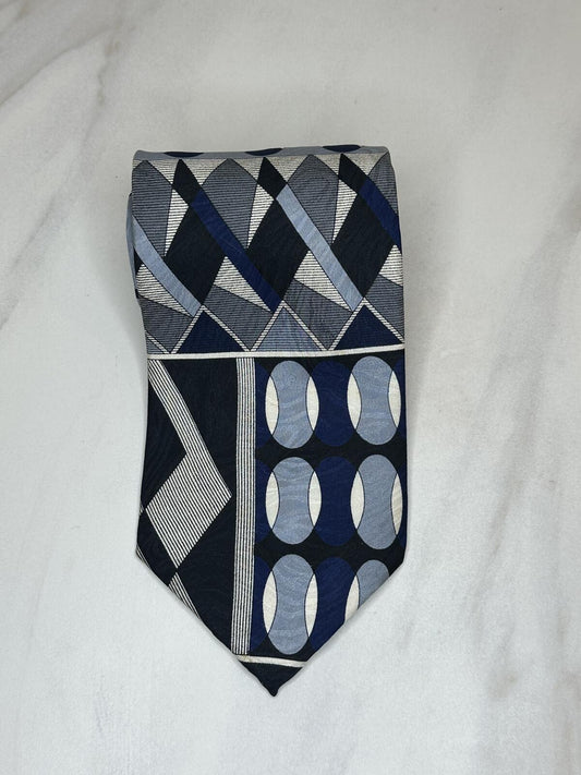 Vintage Pierre Balmain 100% silk tie navy/black/blue/ivory/grey geometric