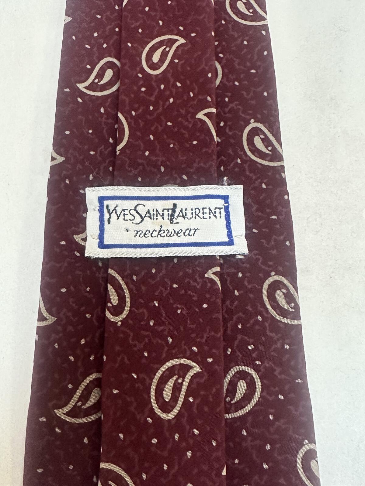 Vintage YSL burgundy grey 100% silk tie geometric paisley designer made in USA