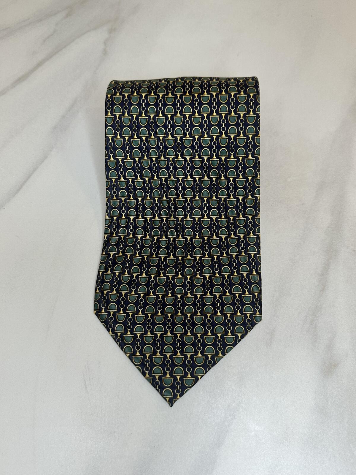Vintage Gucci Paolo 100% Italian silk tie navy green gold horsebit equestrian