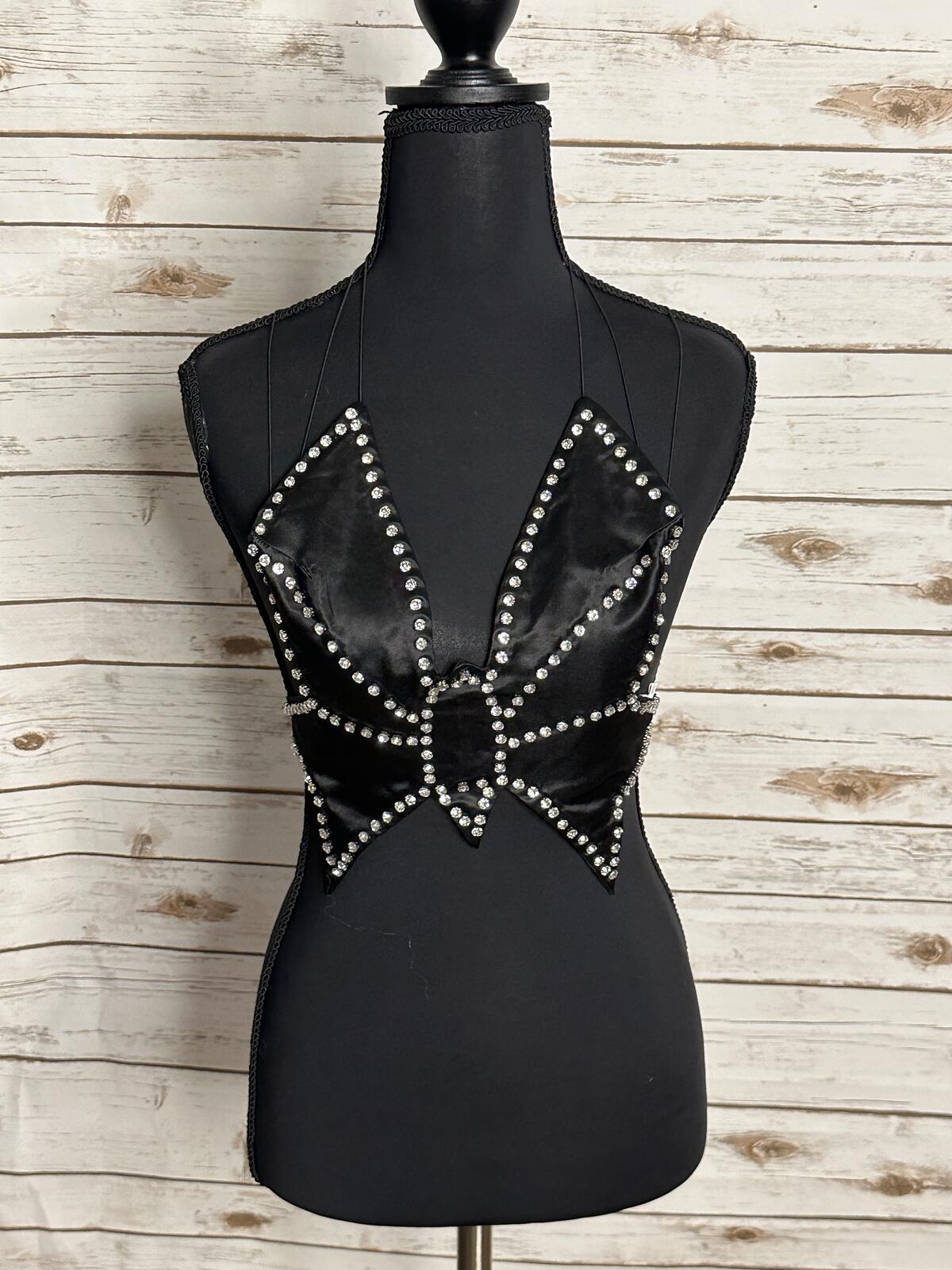 Y2K rhinestone halter top Medium satin black studded strappy back McBling disco