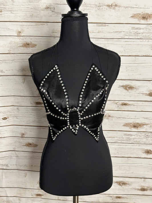 Y2K rhinestone halter top Medium satin black studded strappy back McBling disco