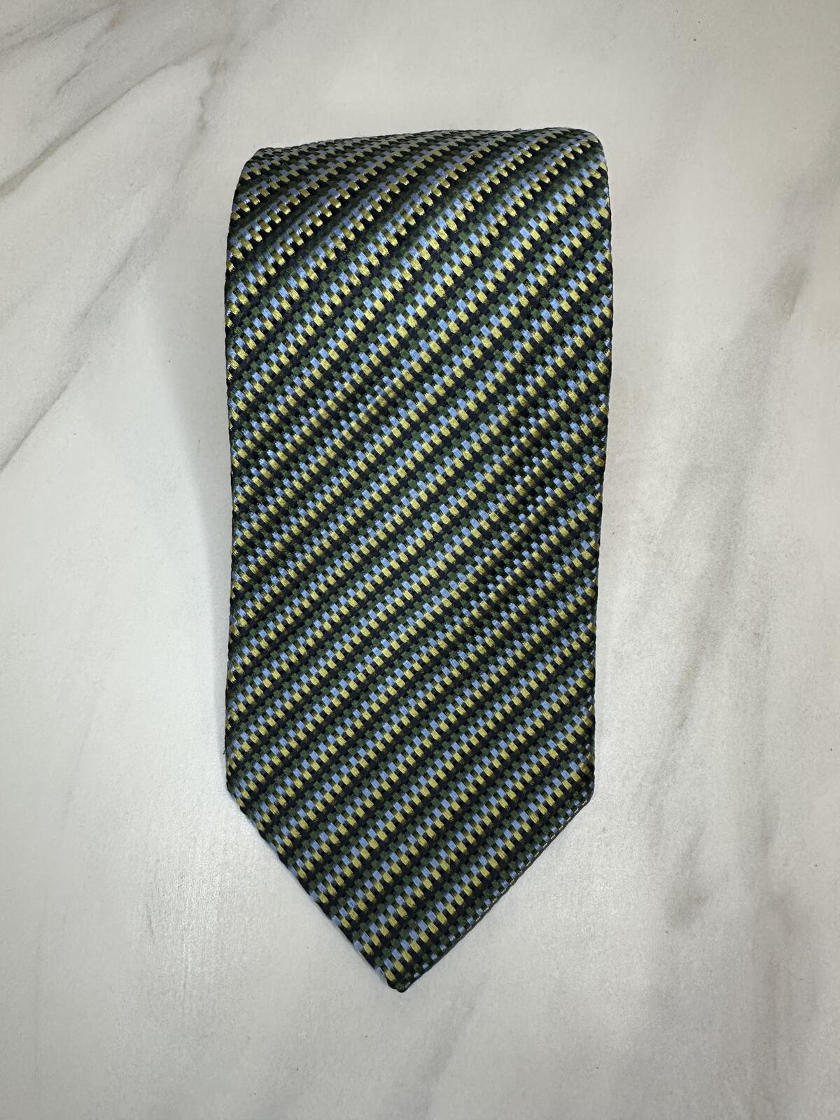 Vintage XMI Platinum 100% English silk tie blue green gold geometric check corpcore