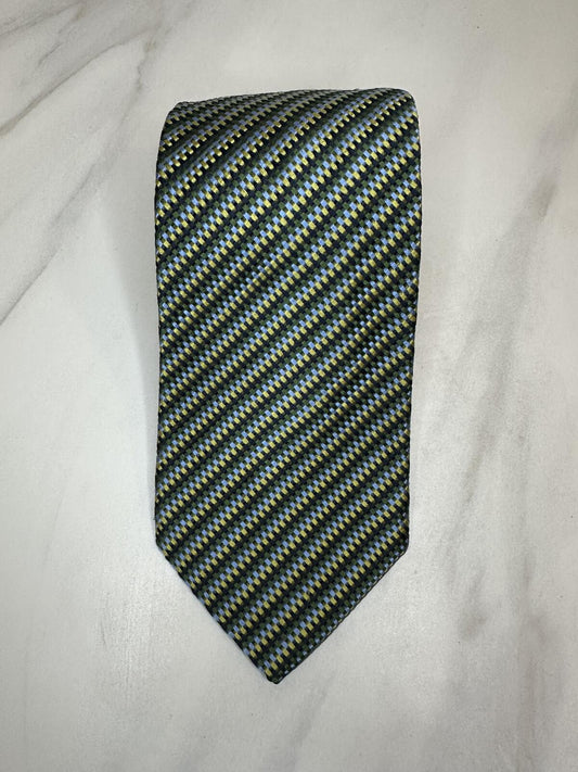 Vintage XMI Platinum 100% English silk tie blue green gold geometric check corpcore