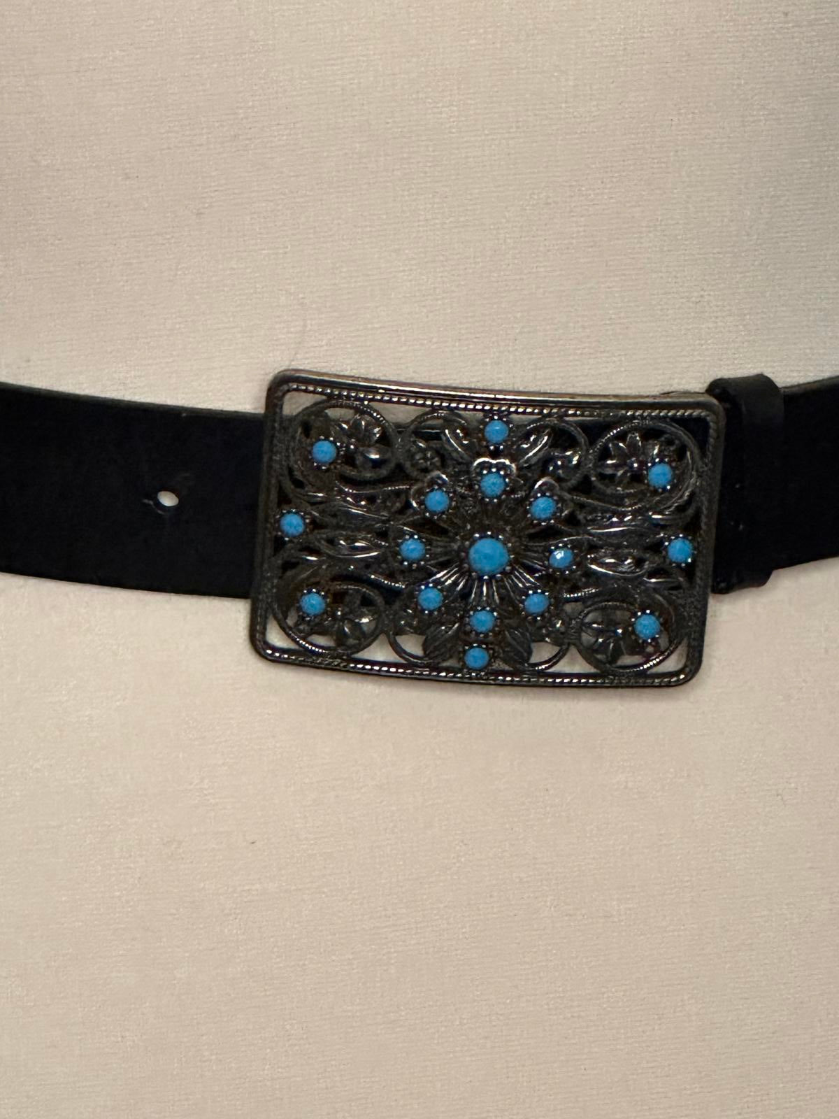 Western-style antique silver turquiose stone leather belt Size Medium