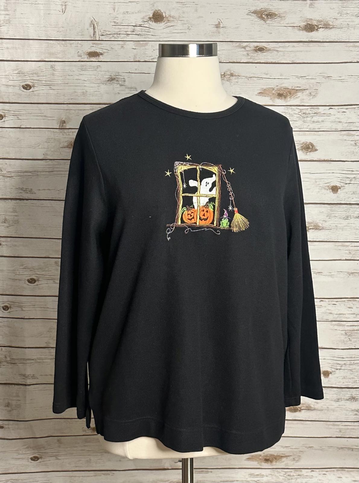 White Stag black ribbed long sleeve Halloween embroidered top Size 18W/20W