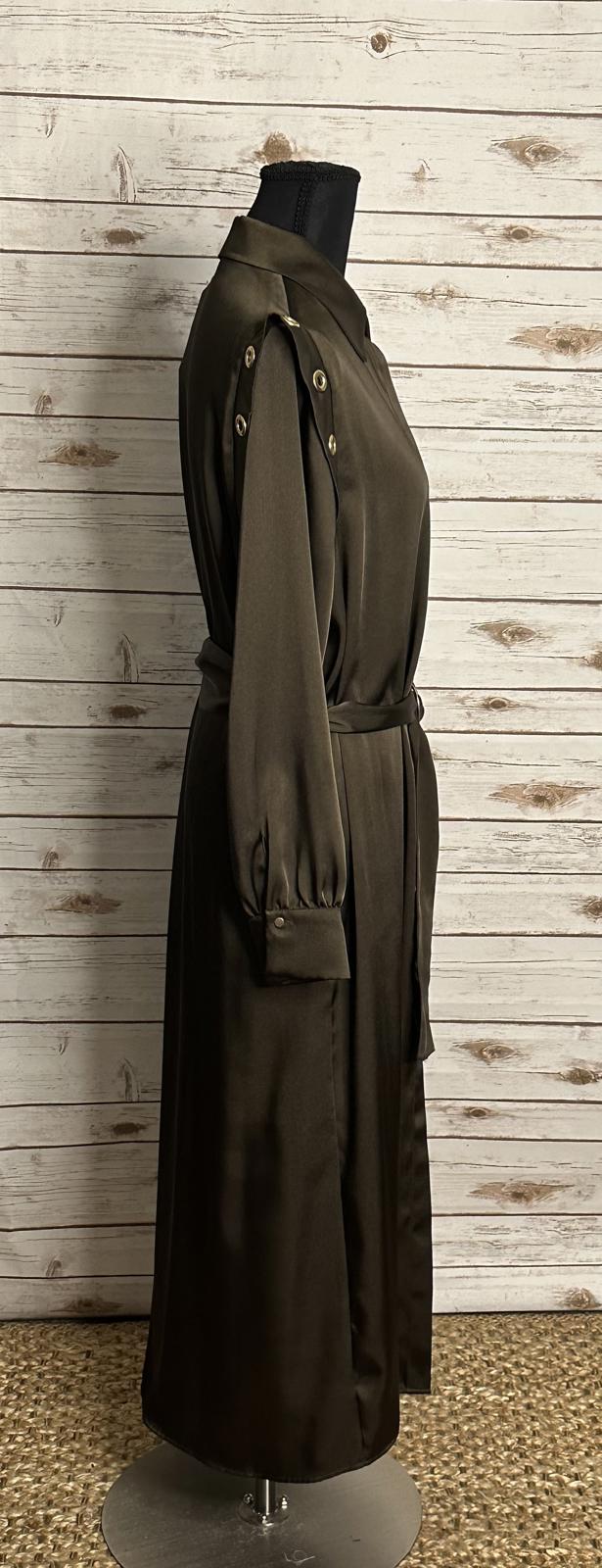 Zara olive green satin grommet detail belted Ring Trim maxi shirtdress Size M