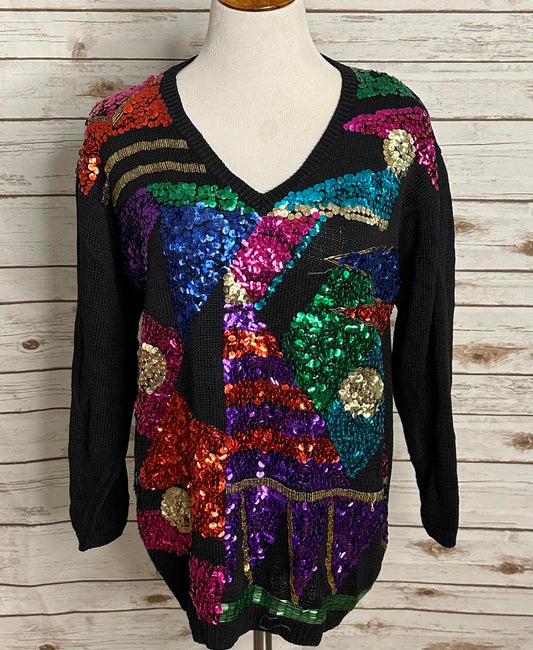 Vintage black/multicolored sequin V-neck 3/4 length sleeve sweater Size Large