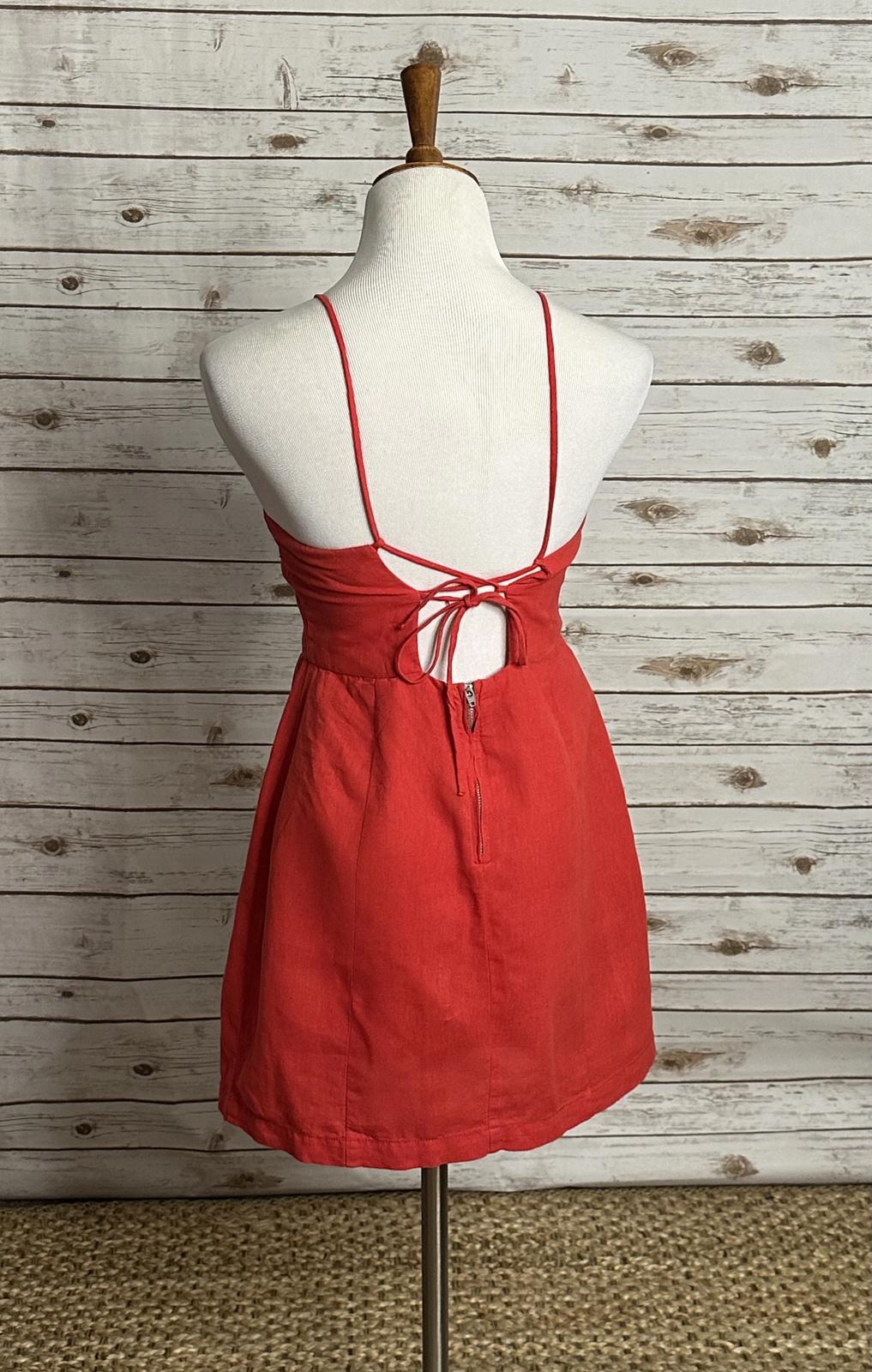 Zara red linen-cotton blend lace-up back mini dress Size Medium