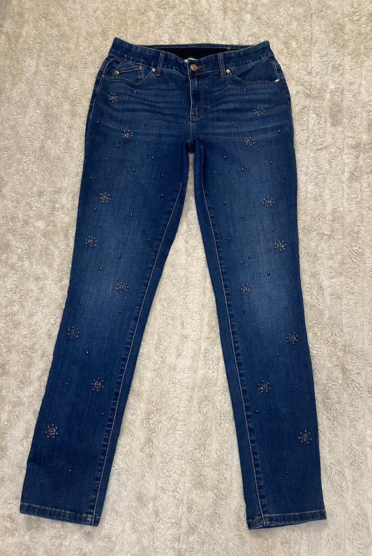 Chico's medium wash floral decorative beading denim skinny jeans Size 0.5R/6R