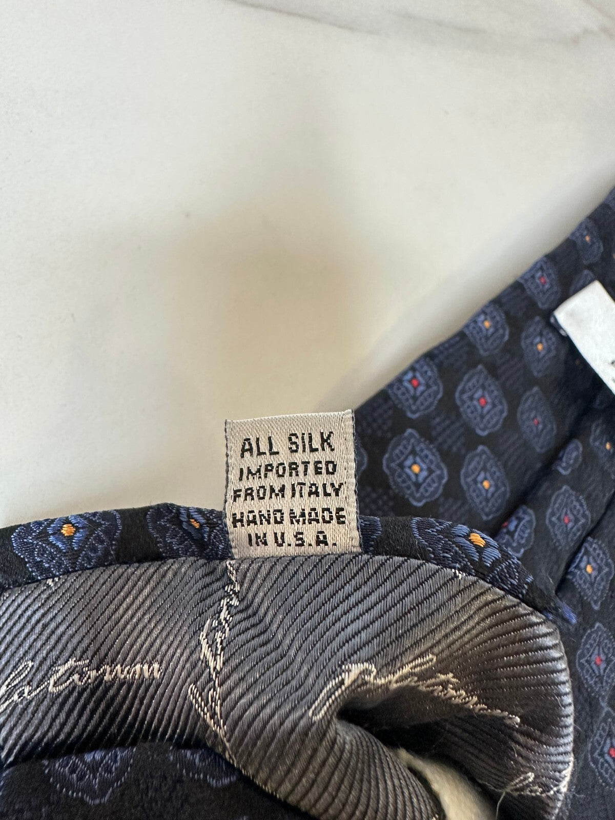 Vintage XMI Platinum navy geometric 100% Italian silk tie quiet luxury old money