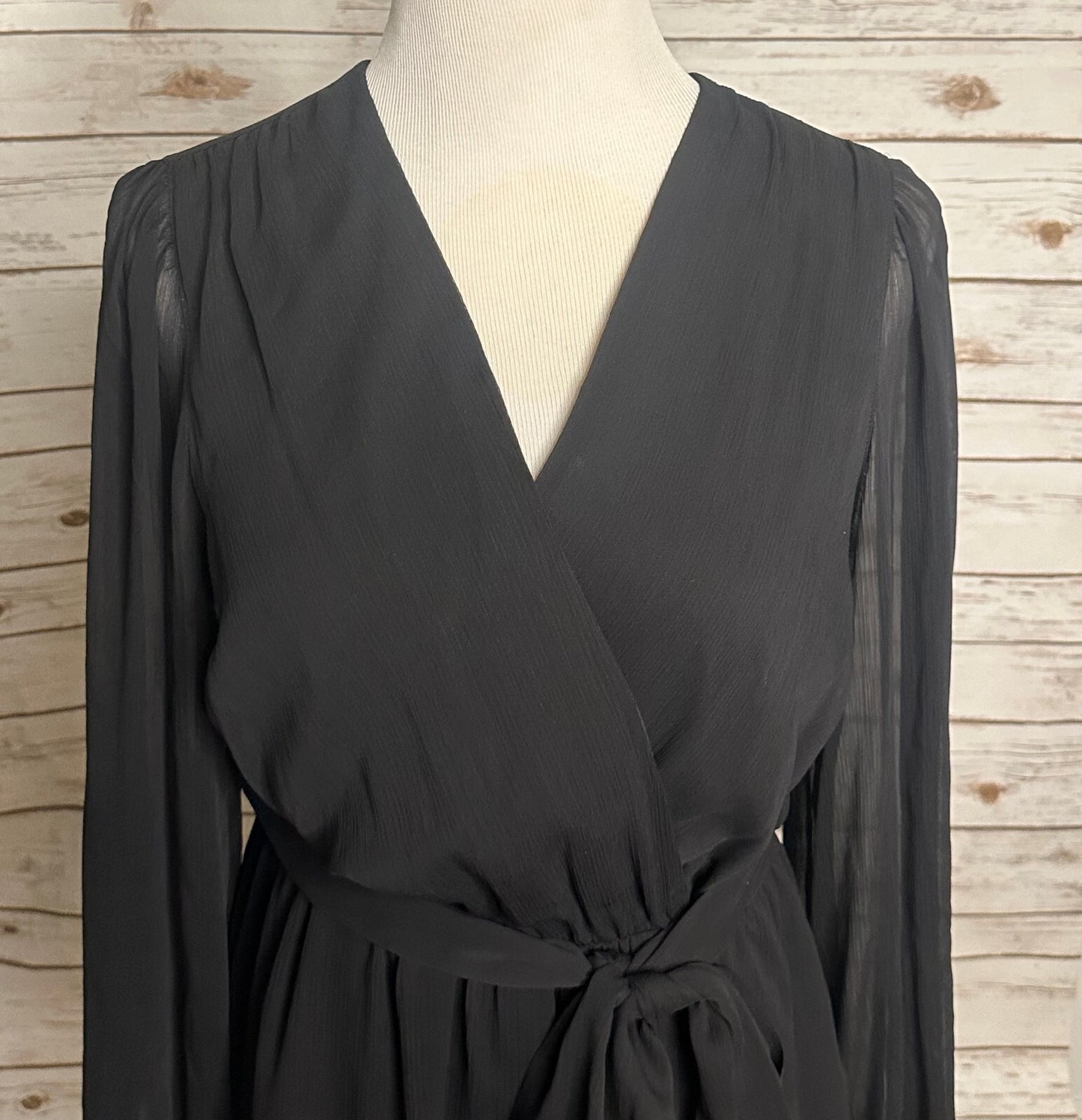 Express Conscious Edit black chiffon sheer long sleeve wrap-style romper Medium