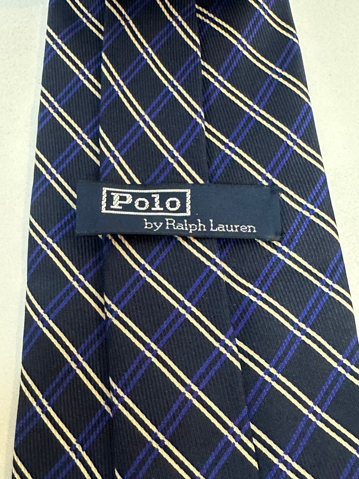 Vintage Polo by Ralph Lauren navy cream plaid 100% silk tie preppy old money