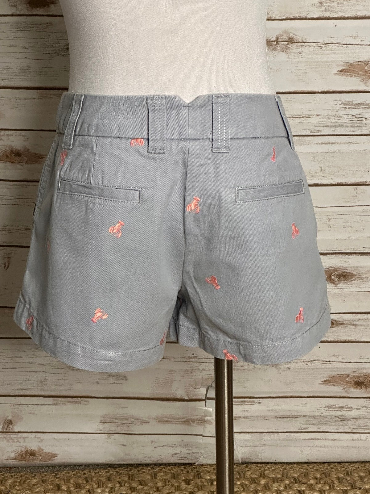 J.Crew Broken-In grey pink lobster embroidered chino shorts Size 8 preppy