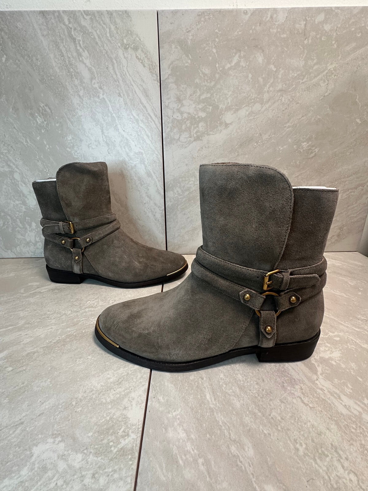 Discontinued UGG Kelby mouse gray suede harness moto mid-calf boots Size 8 biker