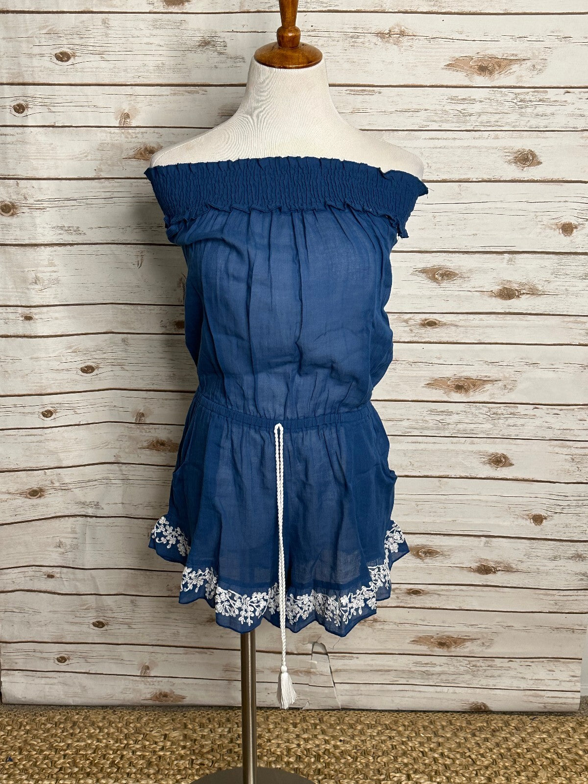 Lucky Brand blue white embroidered off the shoulder romper Small beach festival