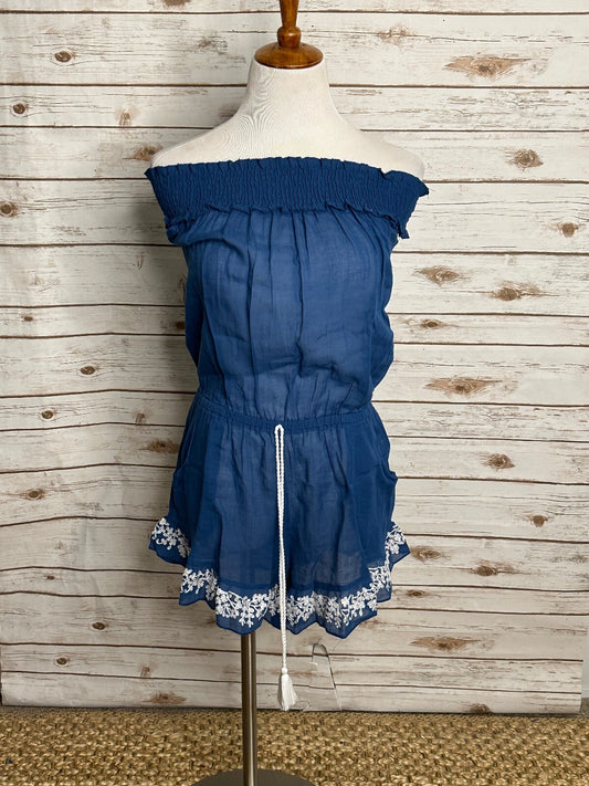 Lucky Brand blue white embroidered off the shoulder romper Small beach festival