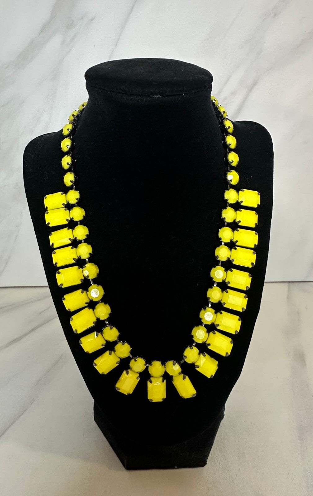 Express bright yellow gunmetal geometric bib statement necklace