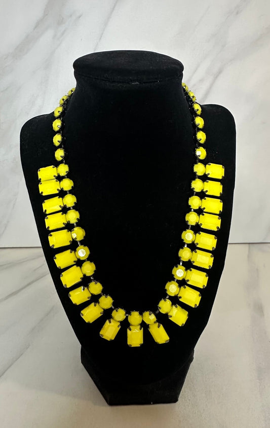 Express bright yellow gunmetal geometric bib statement necklace