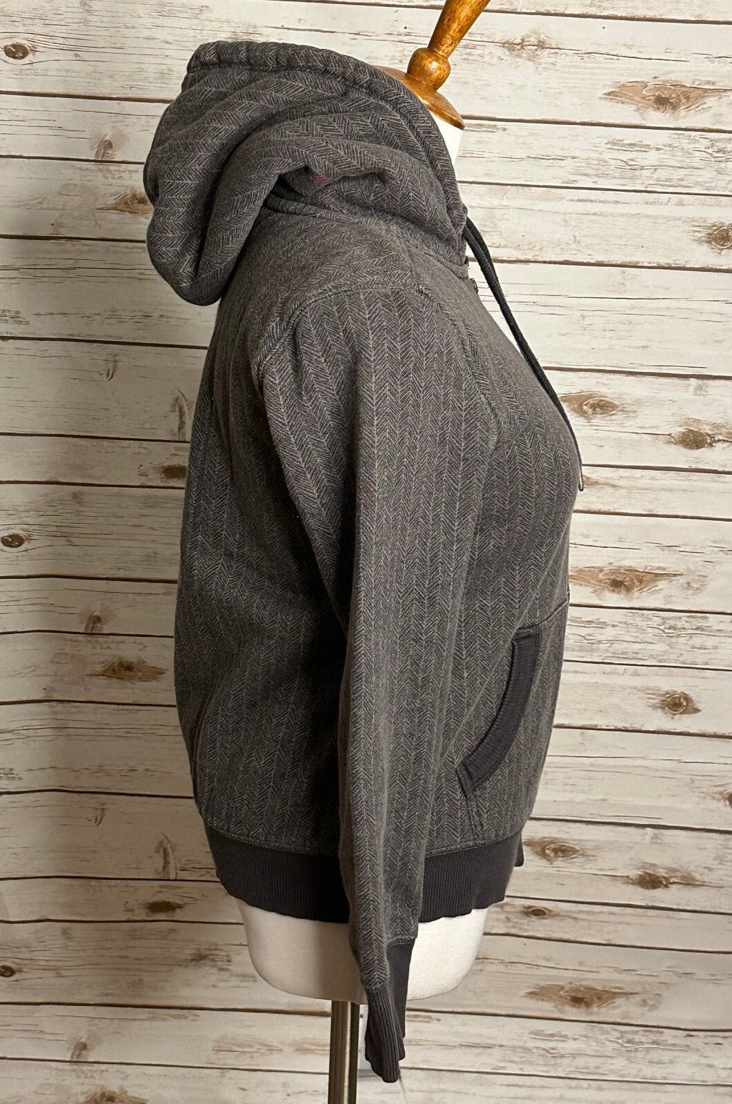 L.L. Bean grey-brown herringbone full-zip sherpa-lined hooded sweatshirt Size XS