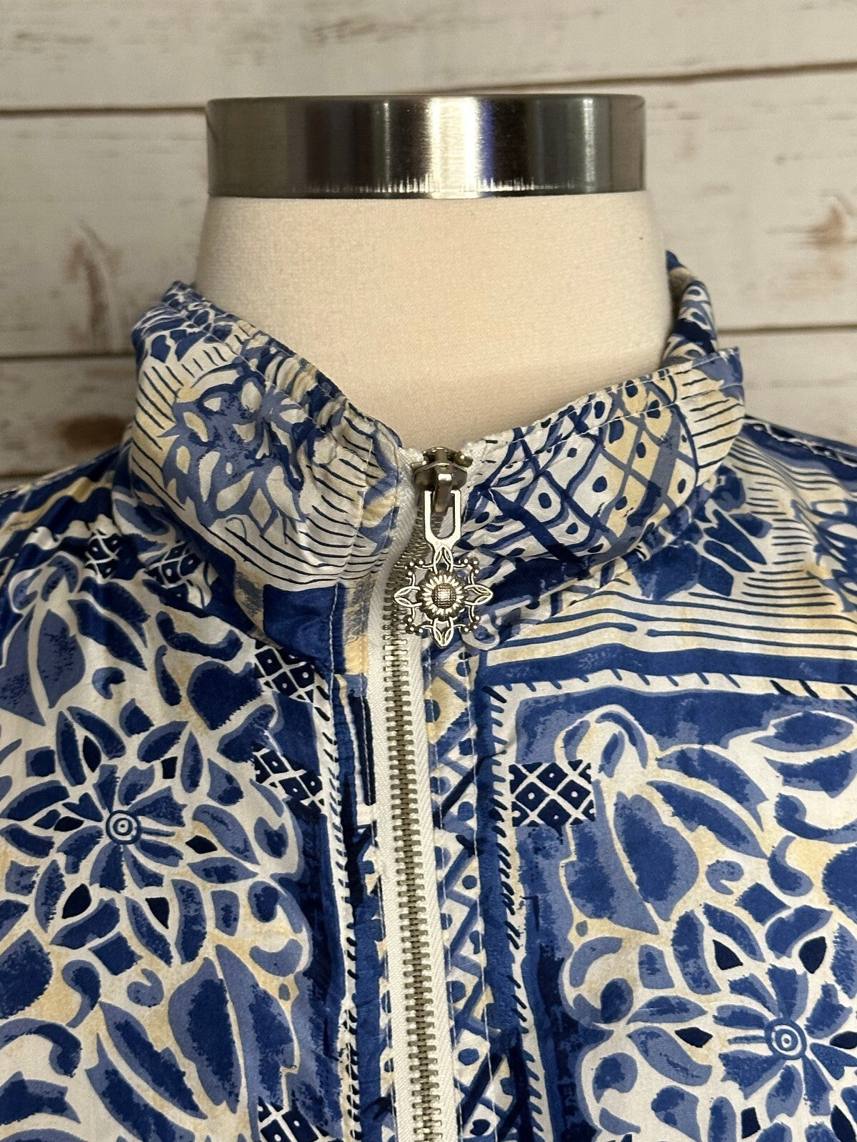 Vintage East West Silks blue white geometric 100% silk bomber-style jacket Large