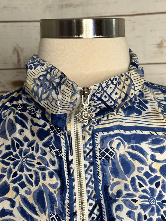 Vintage East West Silks blue white geometric 100% silk bomber-style jacket Large