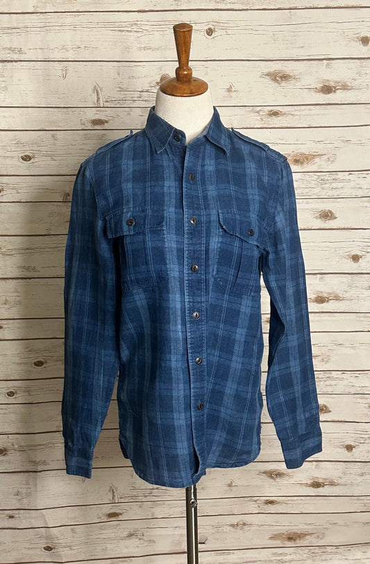 L.L.Bean Signature Slim Fit blue plaid long sleeve linen button-up shirt Small
