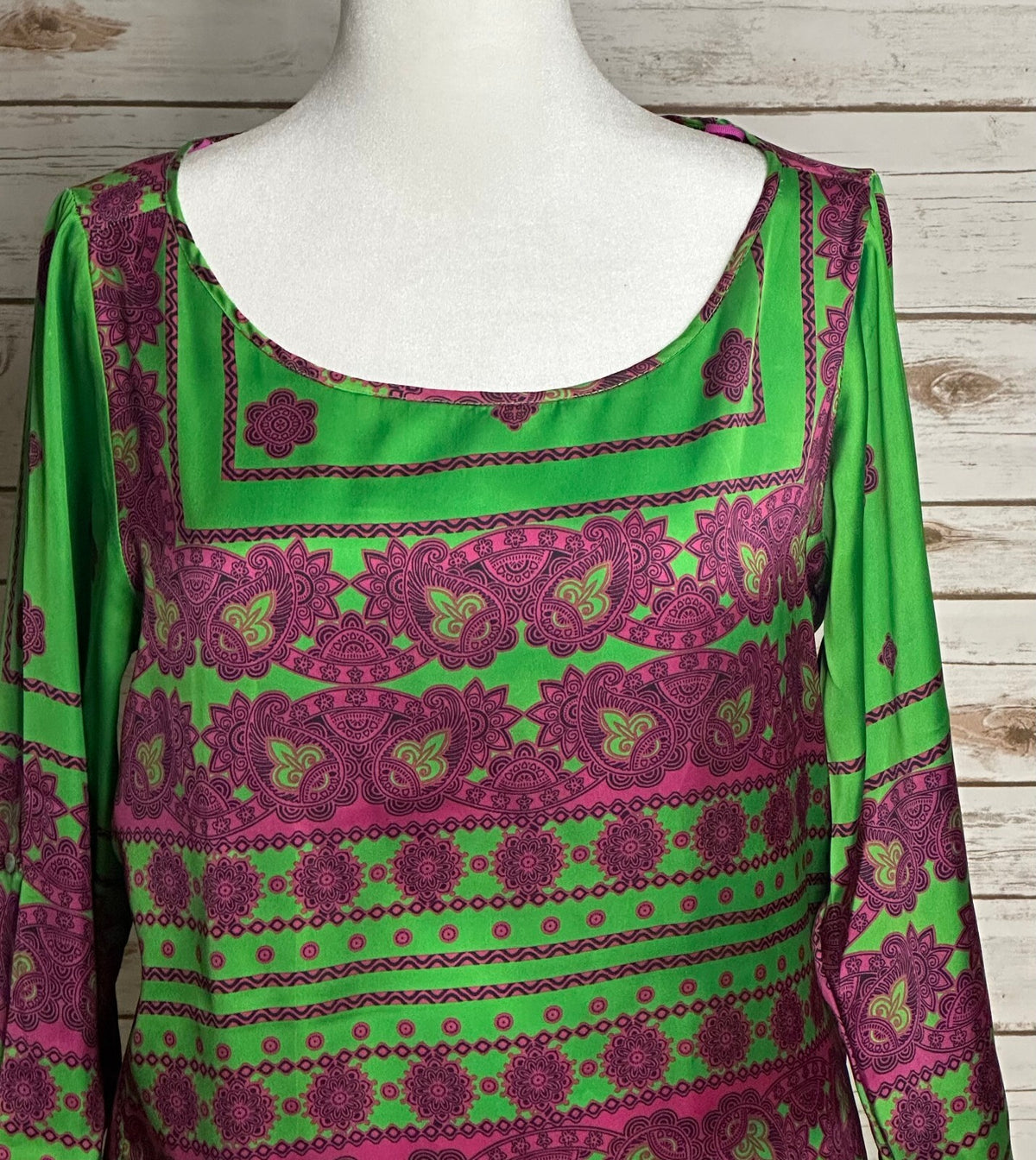 Zara green purple paisley floral 3/4 length sleeve tunic top Medium boho chic