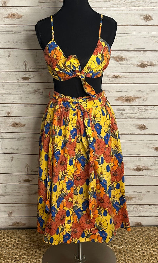 Forever 21 multicolored floral two-piece matching bra top and midi skirt set S/M